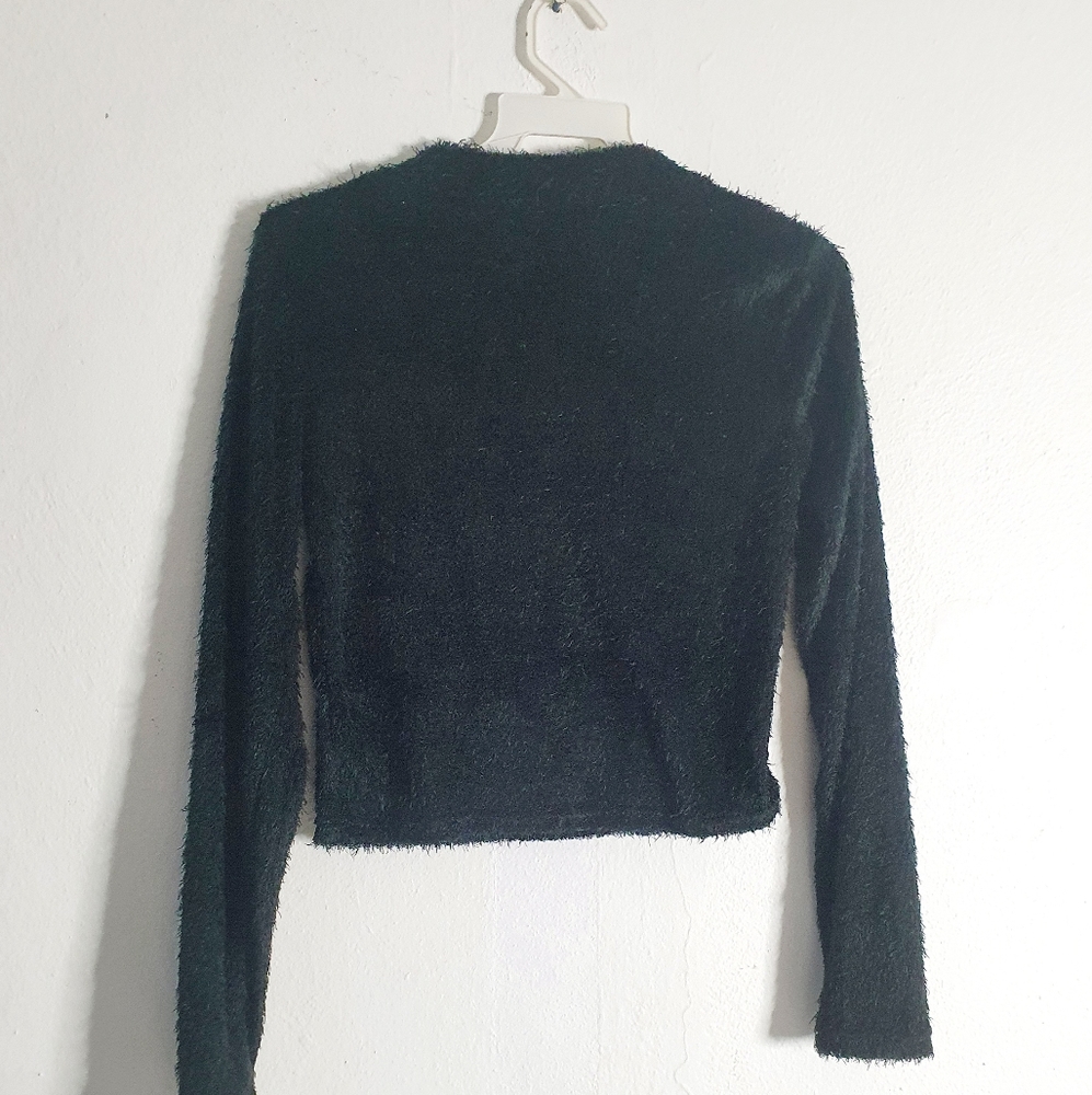 💥Fluffy Black Long Sleeve Crew Neck Cropped Top - Picture 5 of 9